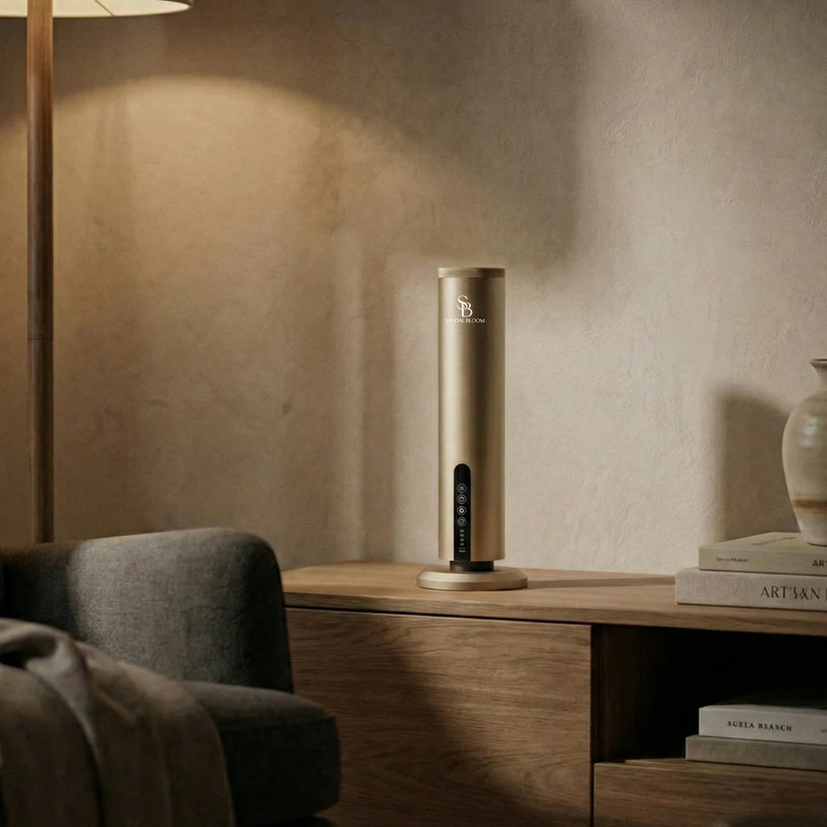 A calm, styled interior scented by a Sandal Bloom diffuser
